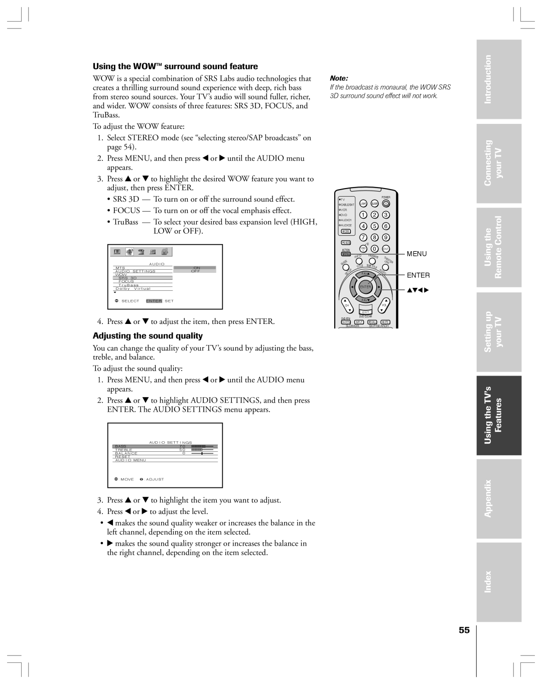 Toshiba 62HMX84, 52HMX84 owner manual Using the WOW surround sound feature, Using Remote, Adjusting the sound quality 