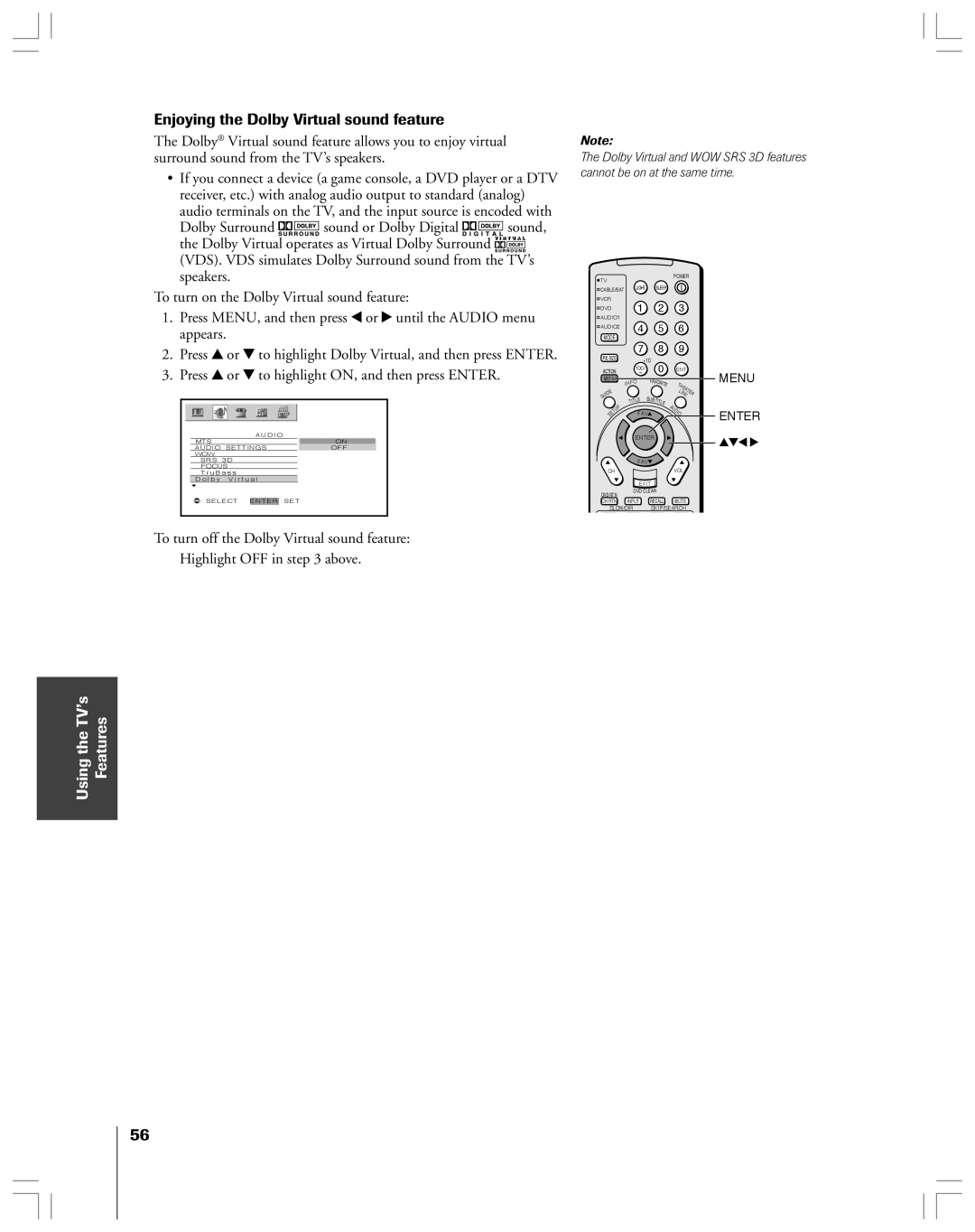 Toshiba 52HMX84, 62HMX84 owner manual Enjoying the Dolby Virtual sound feature 