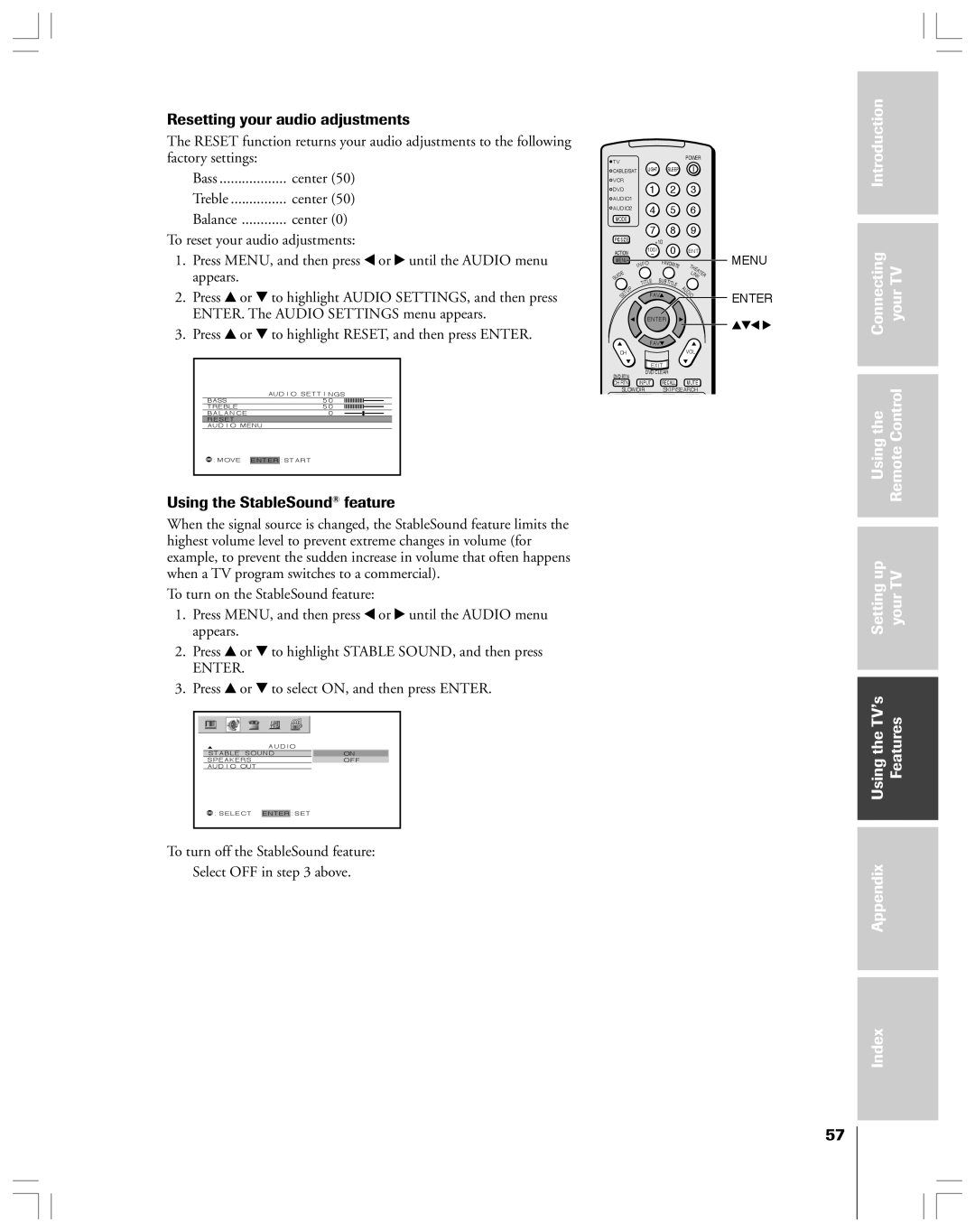 Toshiba 62HMX84, 52HMX84 owner manual Resetting your audio adjustments, Using the StableSound feature 