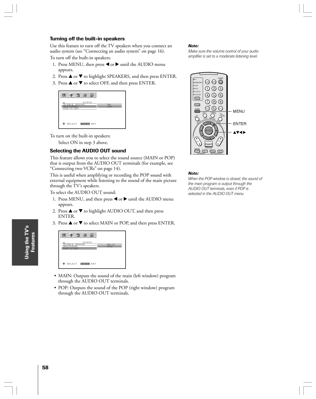 Toshiba 52HMX84 Turning off the built-in speakers, Selecting the Audio OUT sound, To turn on the built-in speakers 