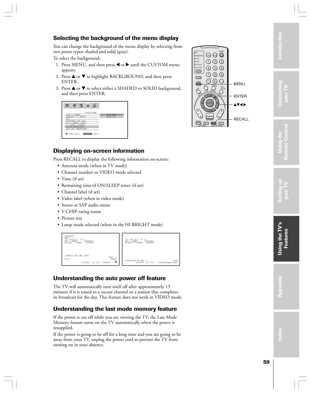 Toshiba 62HMX84, 52HMX84 owner manual Selecting the background of the menu display, Displaying on-screen information 