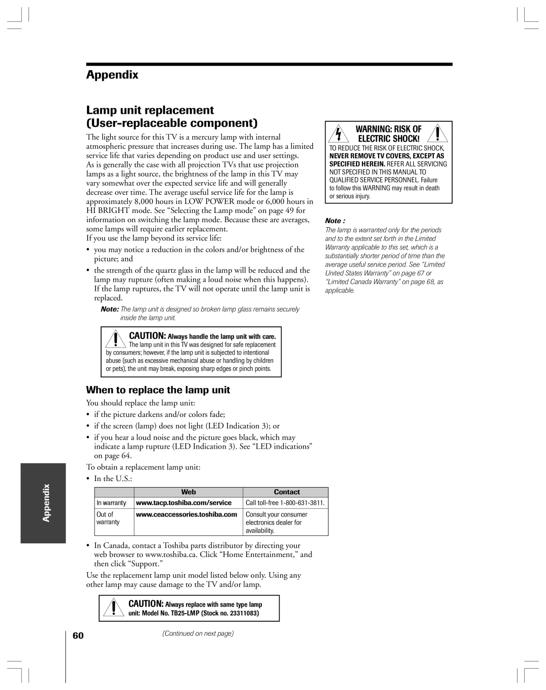 Toshiba 52HMX84, 62HMX84 Appendix Lamp unit replacement User-replaceable component, When to replace the lamp unit, U.S 