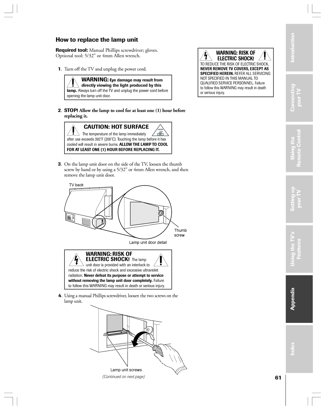 Toshiba 62HMX84, 52HMX84 owner manual How to replace the lamp unit, Temperature of the lamp immediately 