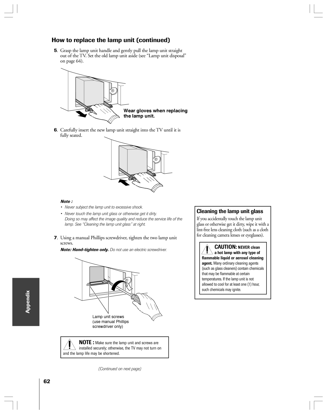 Toshiba 52HMX84, 62HMX84 owner manual Cleaning the lamp unit glass 