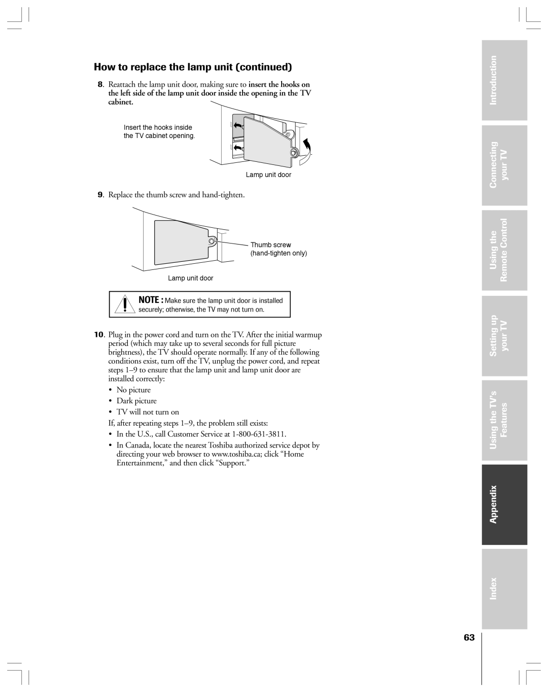 Toshiba 62HMX84, 52HMX84 owner manual Replace the thumb screw and hand-tighten 