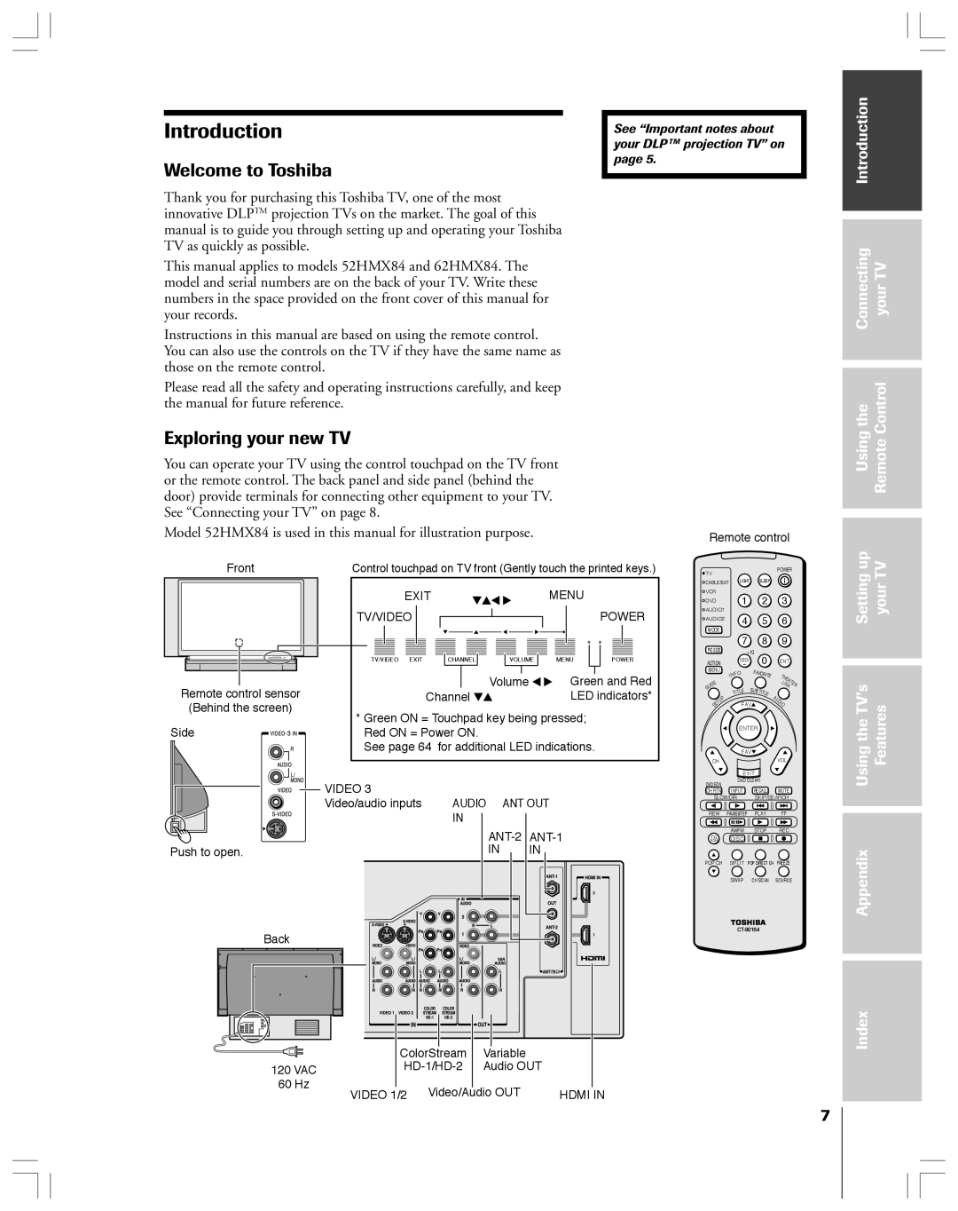 Toshiba 62HMX84, 52HMX84 owner manual Welcome to Toshiba, Exploring your new TV, Introduction Connecting YourTV Control 