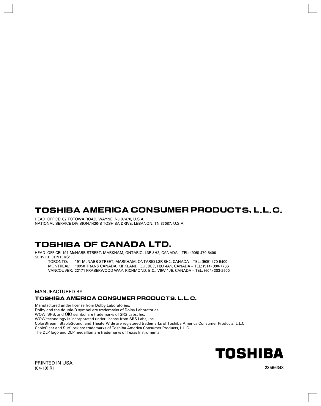 Toshiba 52HMX84, 62HMX84 owner manual Manufactured by 