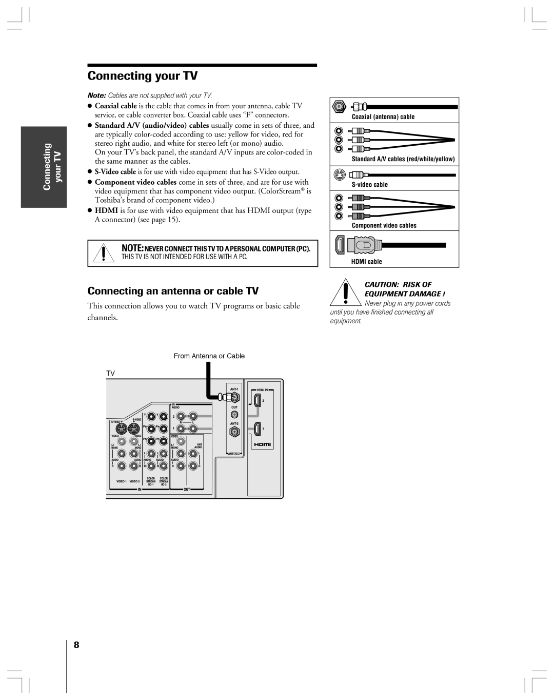 Toshiba 52HMX84, 62HMX84 owner manual Connecting your TV, Connecting an antenna or cable TV 