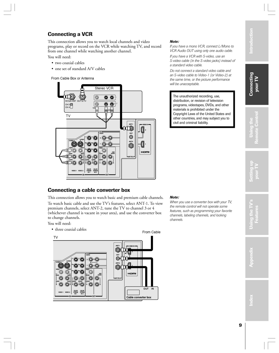 Toshiba 62HMX84, 52HMX84 Connecting a VCR, Connecting a cable converter box, Using, You will need Three coaxial cables 