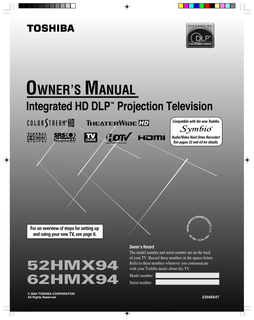 Toshiba owner manual 52HMX94 62HMX94 