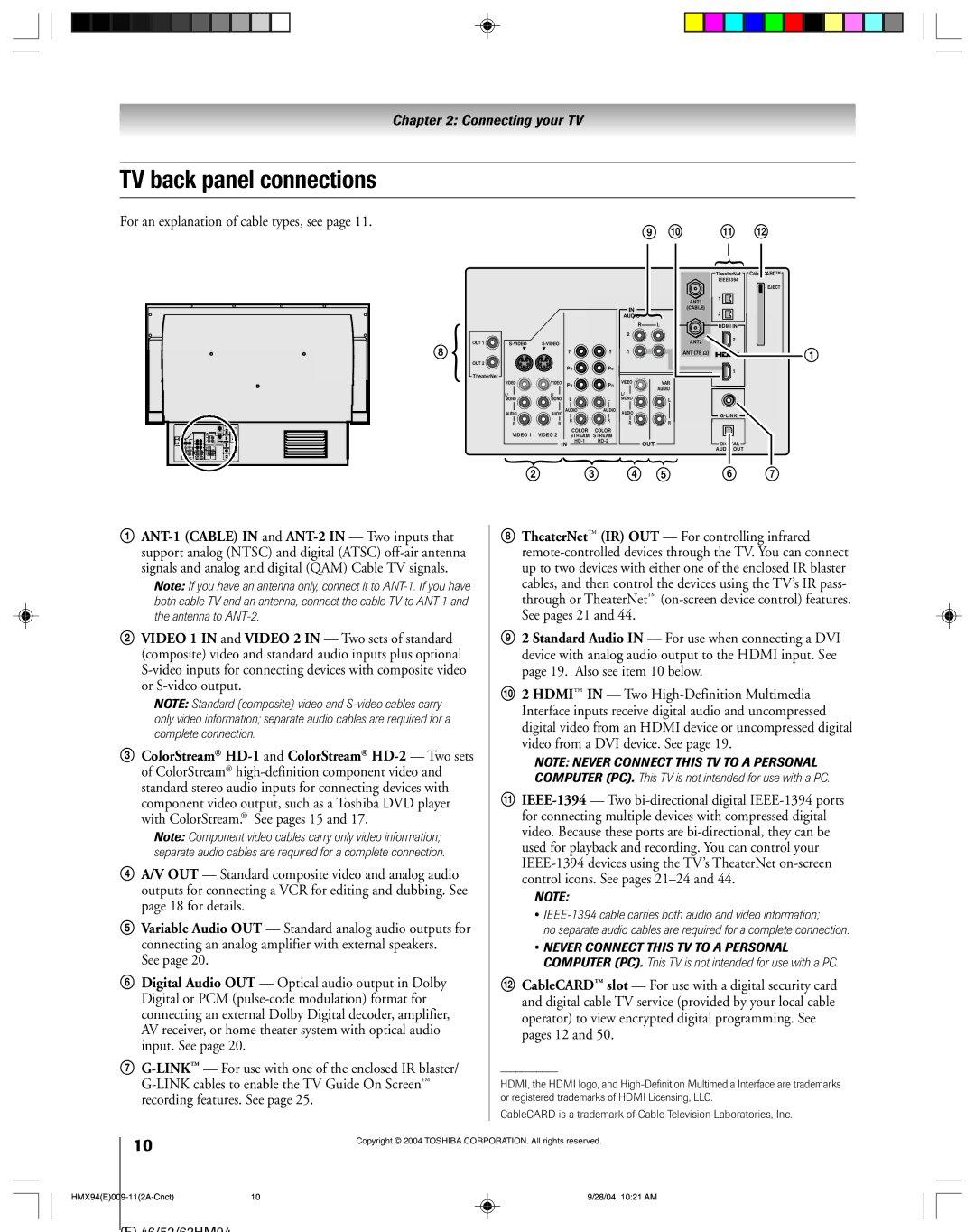 Toshiba 52HMX94 owner manual TV back panel connections, For an explanation of cable types, see 