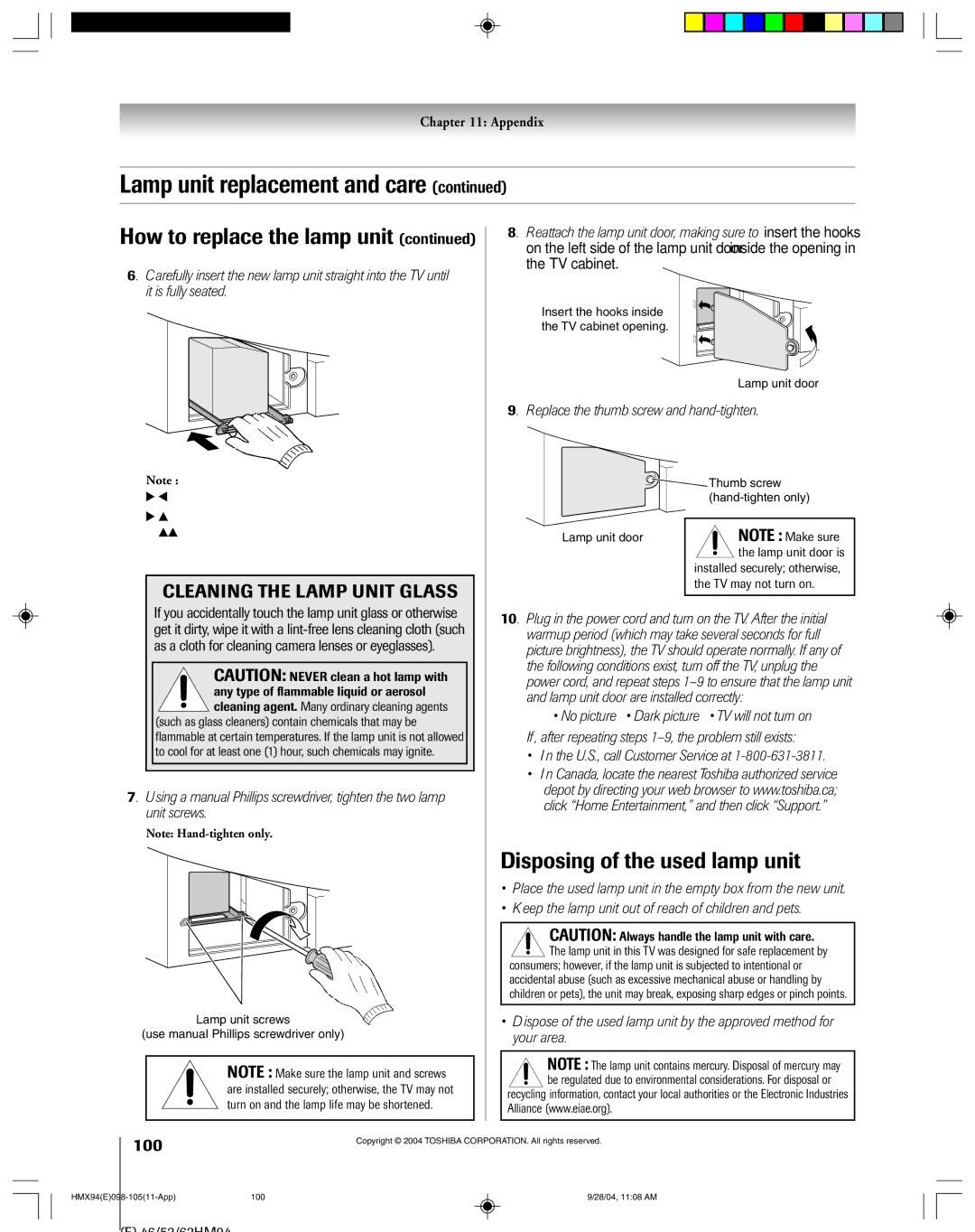 Toshiba 52HMX94 Disposing of the used lamp unit, Replace the thumb screw and hand-tighten, U.S., call Customer Service at 