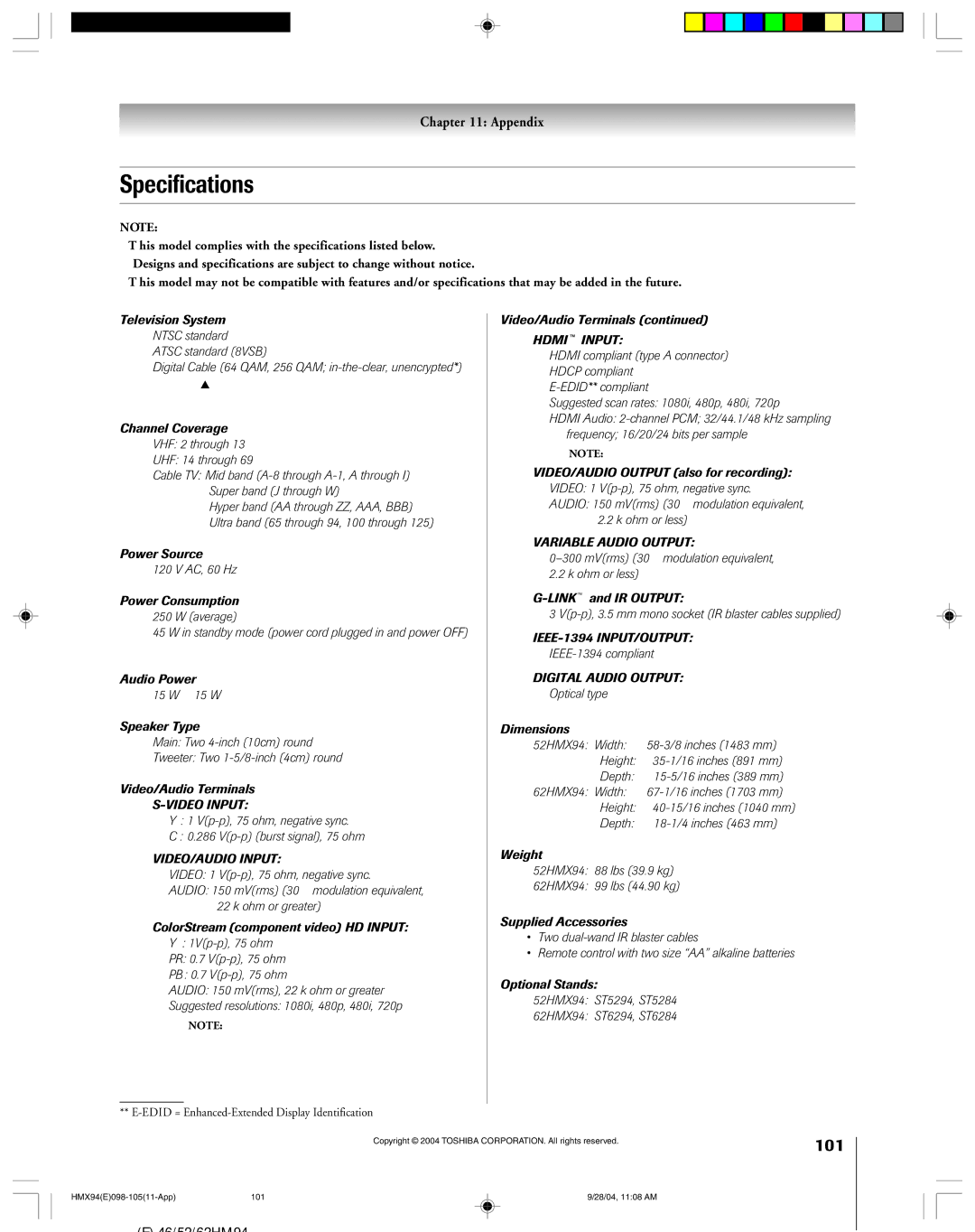 Toshiba 52HMX94 owner manual Specifications, Television System 