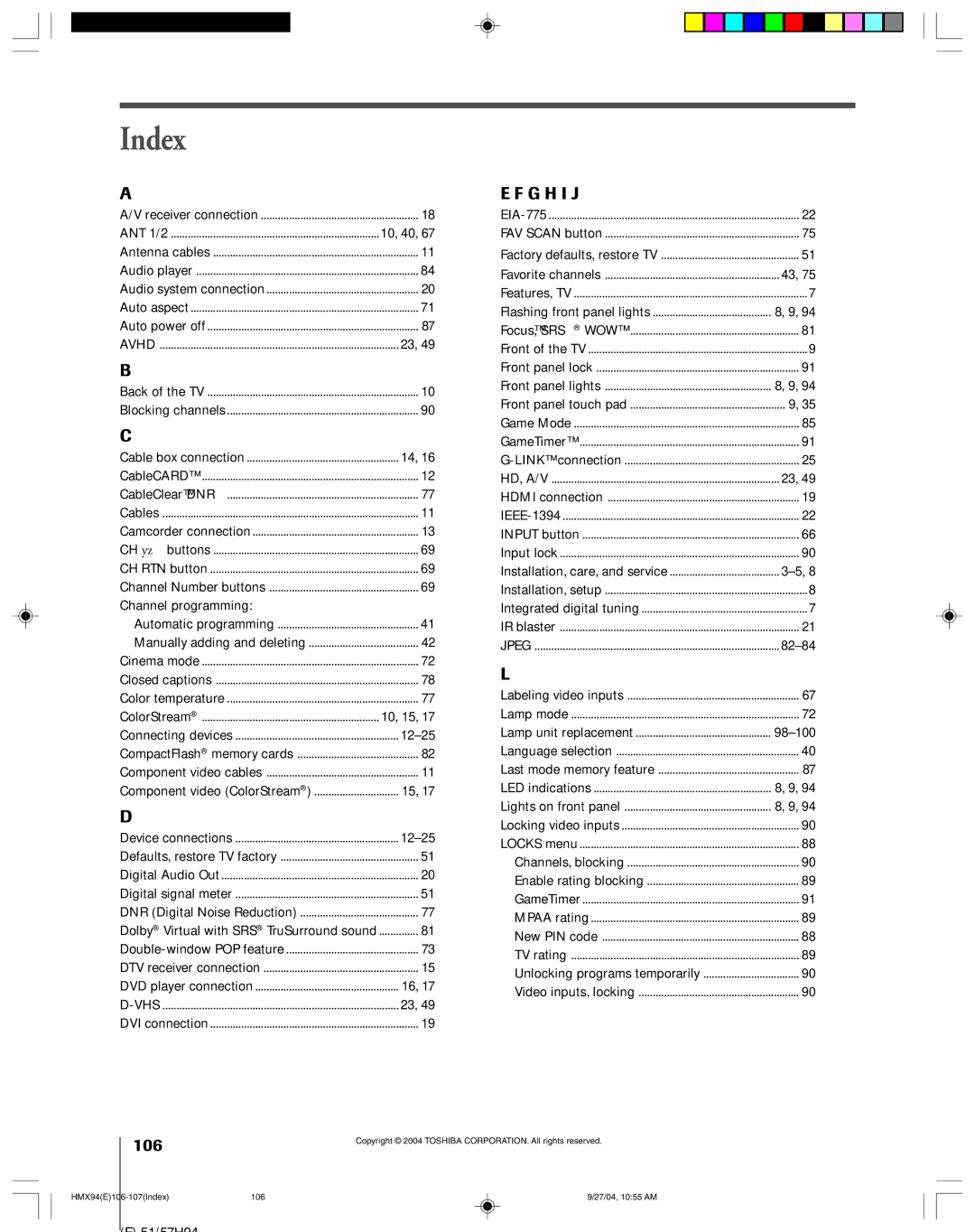 Toshiba 52HMX94 owner manual Index 