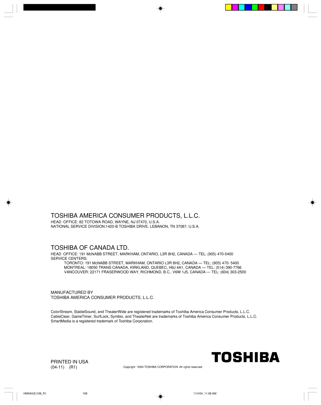 Toshiba 52HMX94 owner manual Toshiba America Consumer PRODUCTS, L.L.C, 04-11 R1 