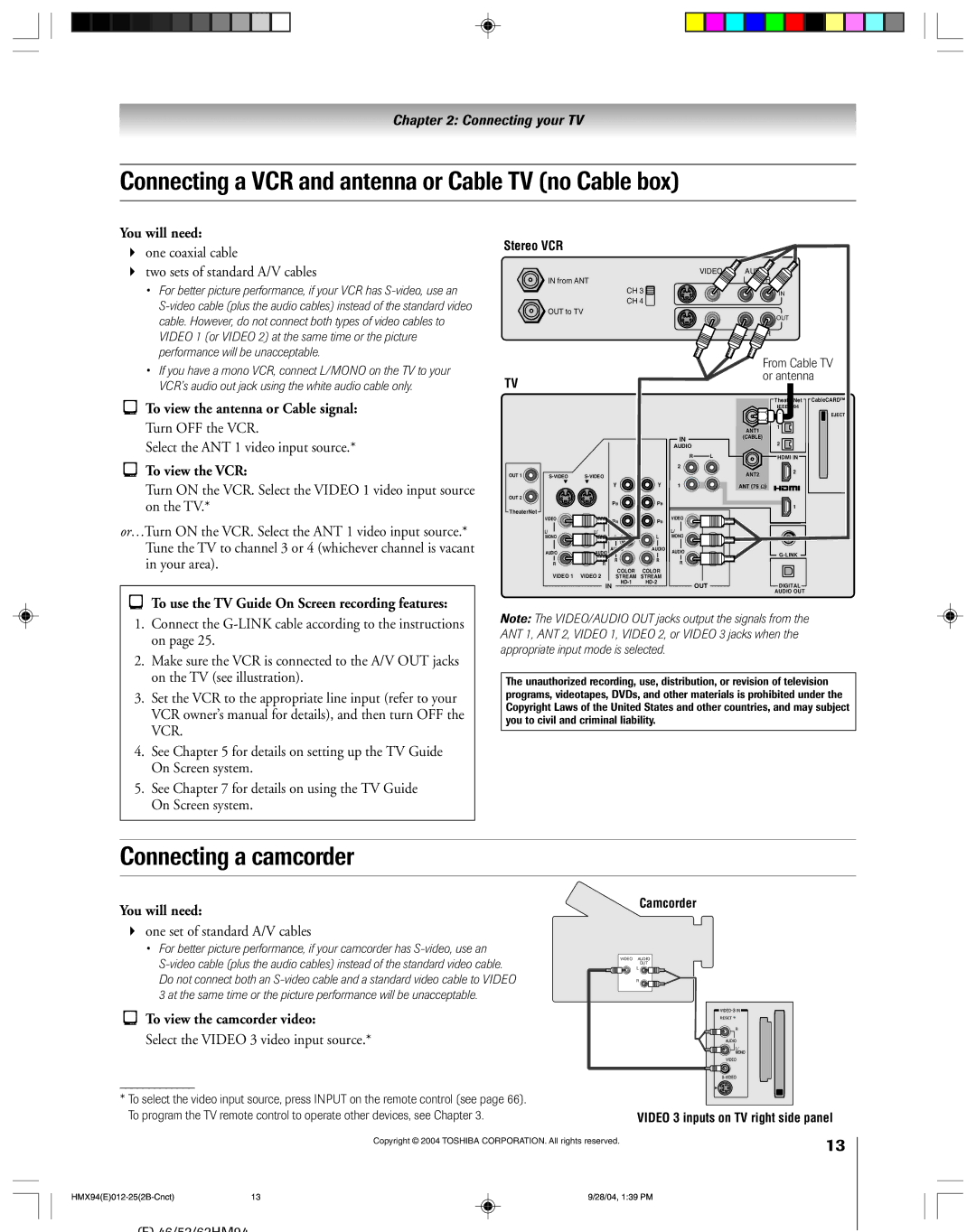 Toshiba 52HMX94 owner manual Connecting a VCR and antenna or Cable TV no Cable box, Connecting a camcorder, To view the VCR 