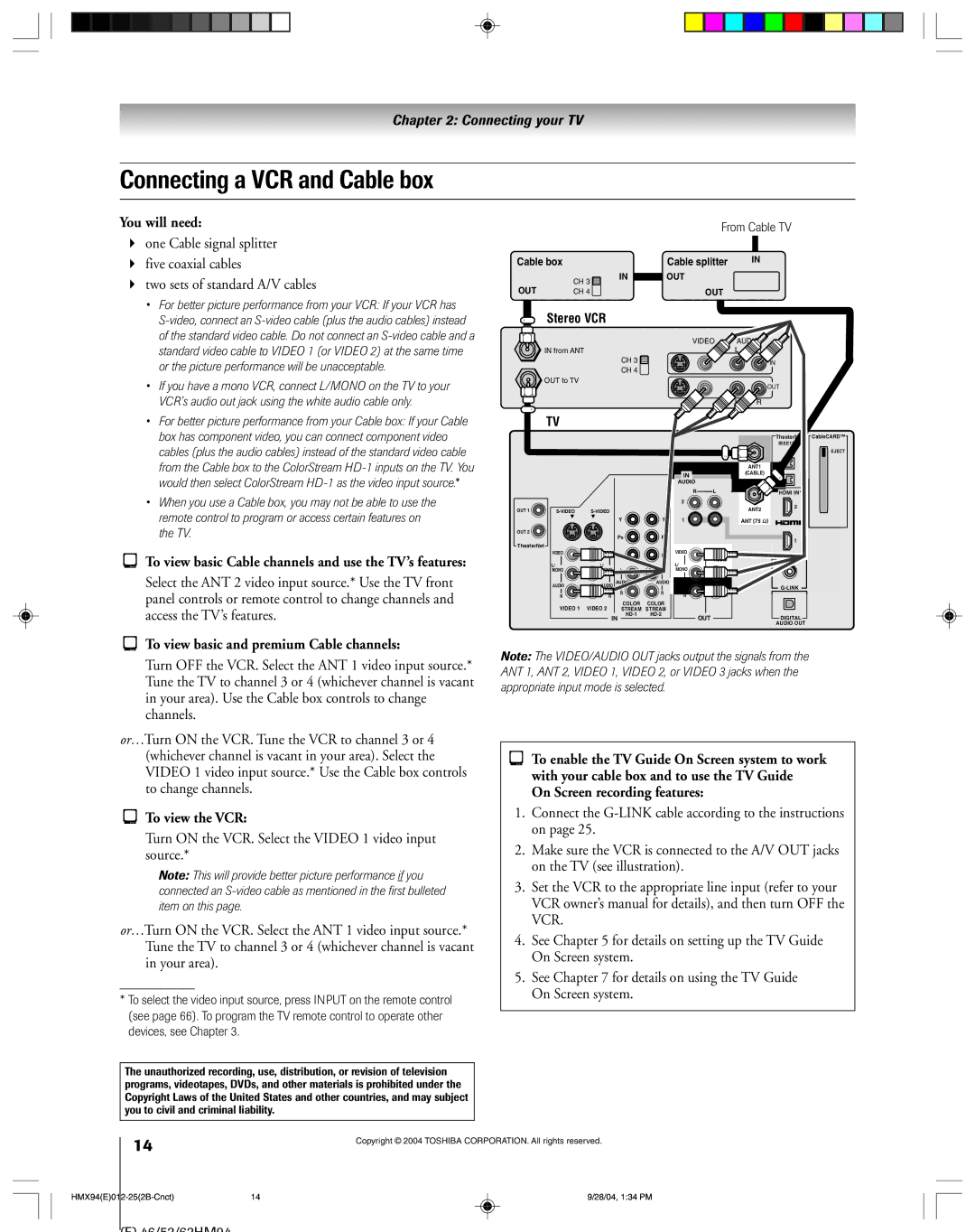 Toshiba 52HMX94 Connecting a VCR and Cable box, To view basic and premium Cable channels, On Screen recording features 