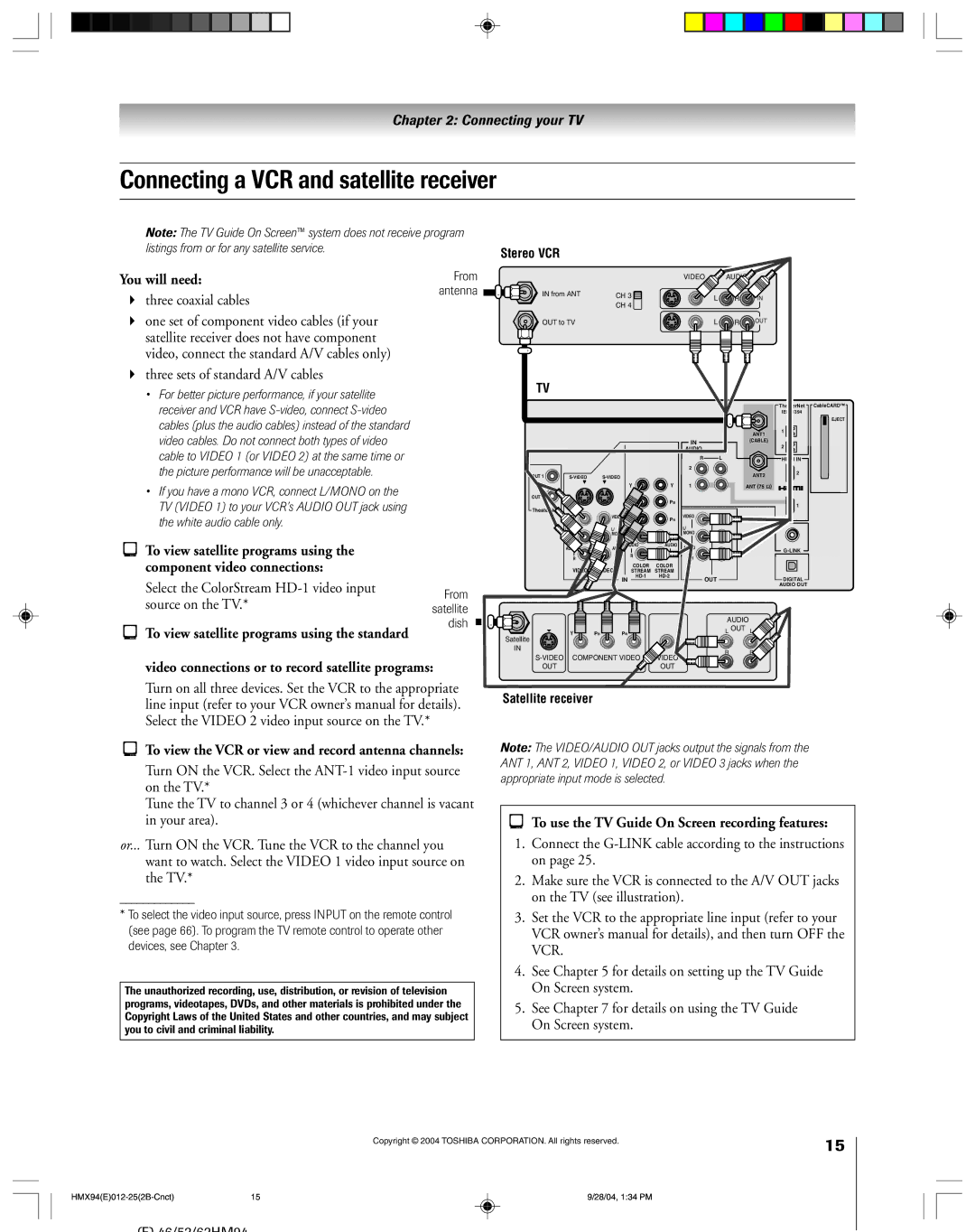 Toshiba 52HMX94 Connecting a VCR and satellite receiver, Three coaxial cables, Select the ColorStream HD-1 video input 