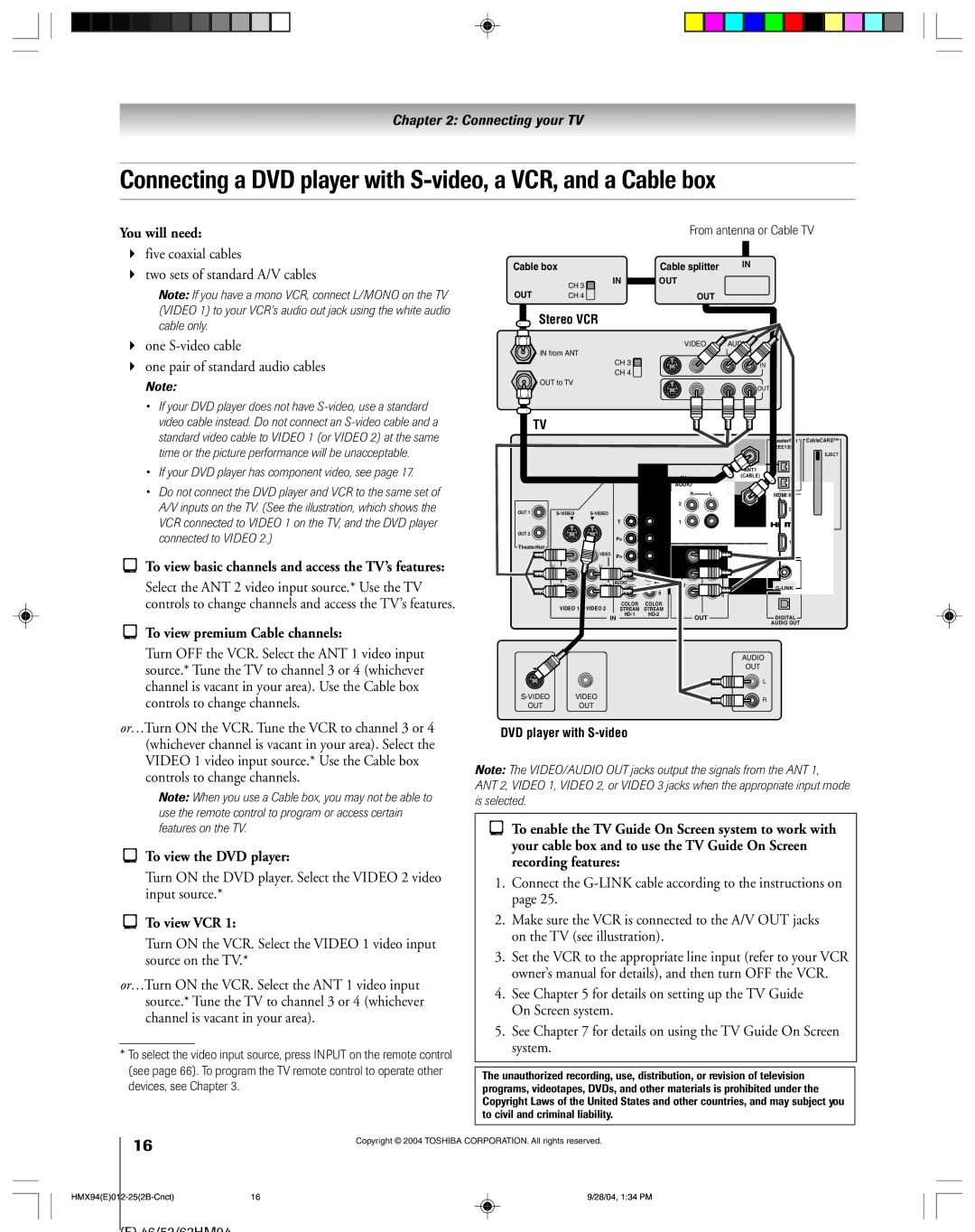 Toshiba 52HMX94 owner manual To view premium Cable channels, To view the DVD player, To view VCR 