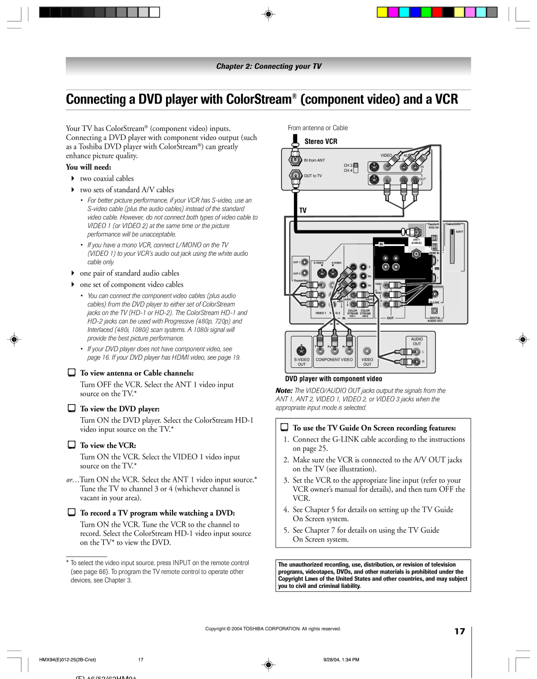 Toshiba 52HMX94 To view antenna or Cable channels, To record a TV program while watching a DVD, From antenna or Cable 