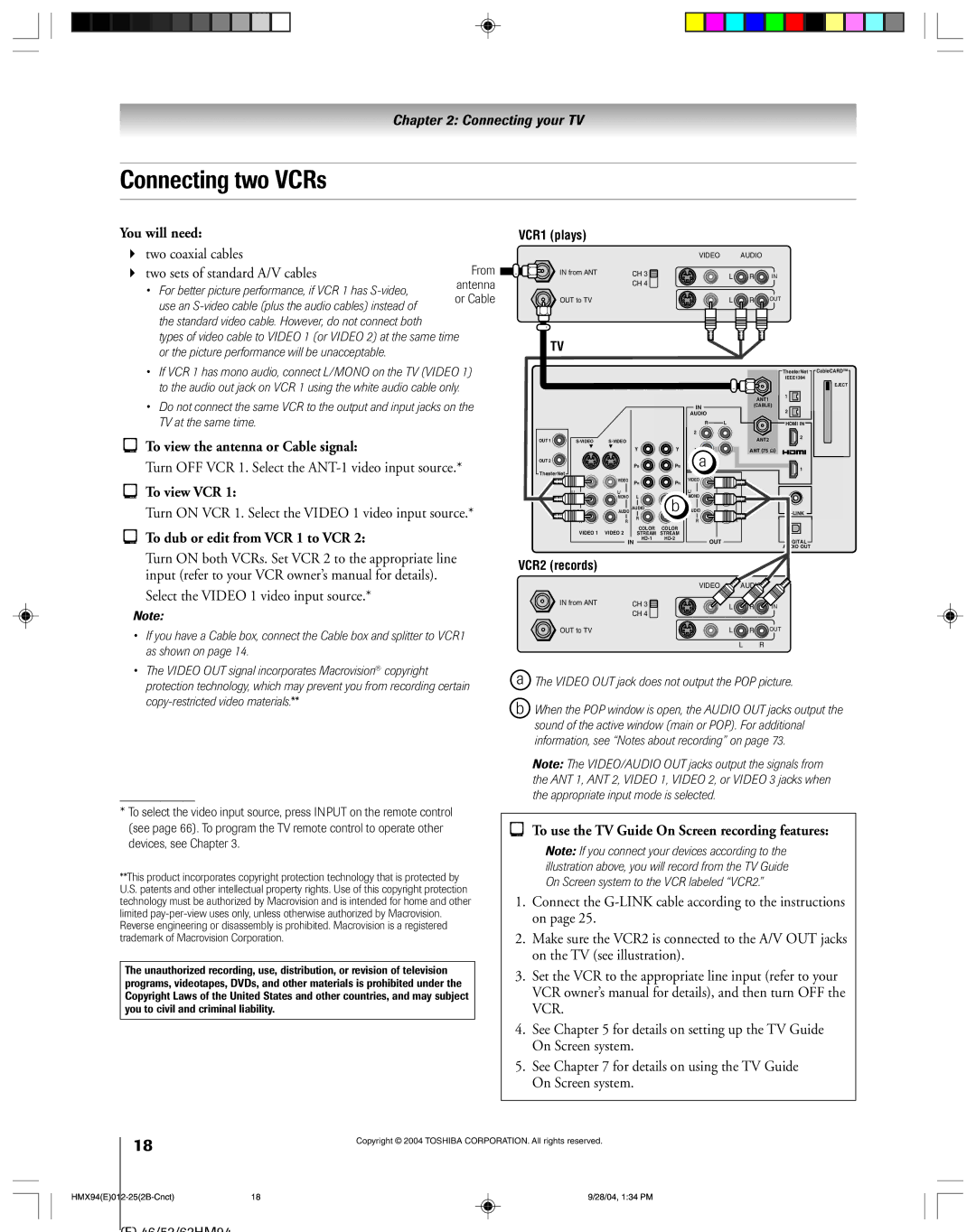 Toshiba 52HMX94 owner manual Connecting two VCRs, To view the antenna or Cable signal, To dub or edit from VCR 1 to VCR 