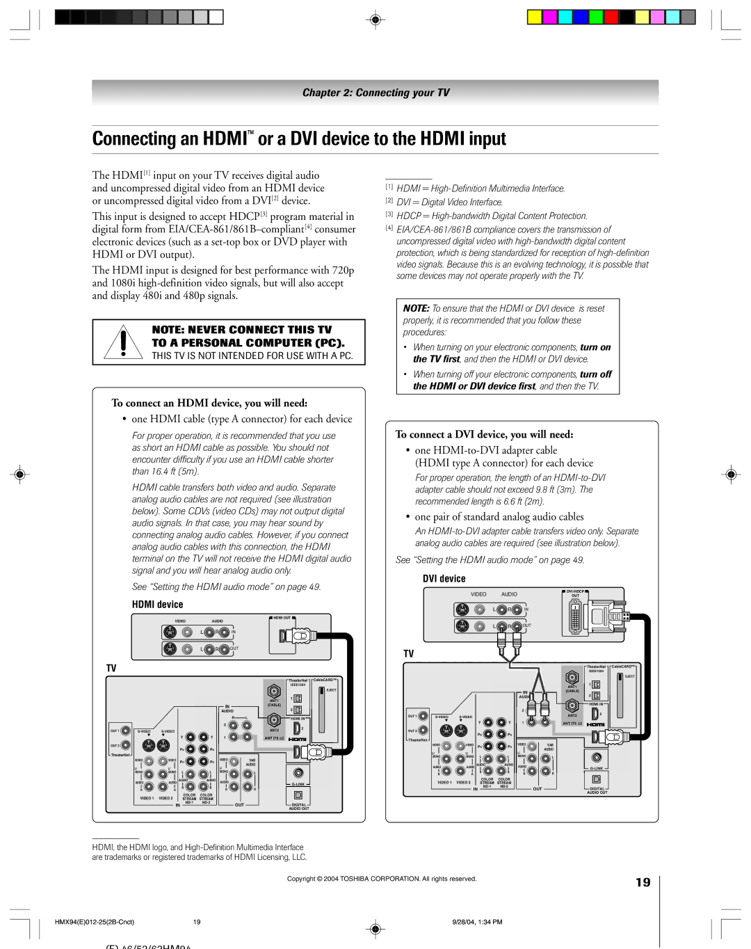 Toshiba 52HMX94 owner manual Connecting an Hdmi or a DVI device to the Hdmi input, To connect an Hdmi device, you will need 