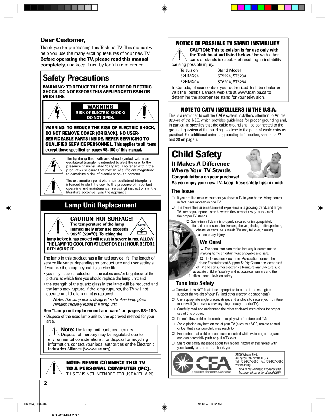 Toshiba 52HMX94 owner manual Safety Precautions, Disposal of mercury may be regulated due to, 62HMX94 