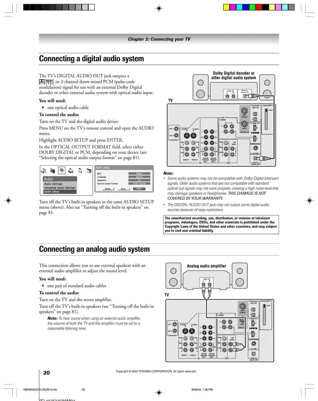 Toshiba 52HMX94 owner manual Connecting a digital audio system, Connecting an analog audio system, One optical audio cable 