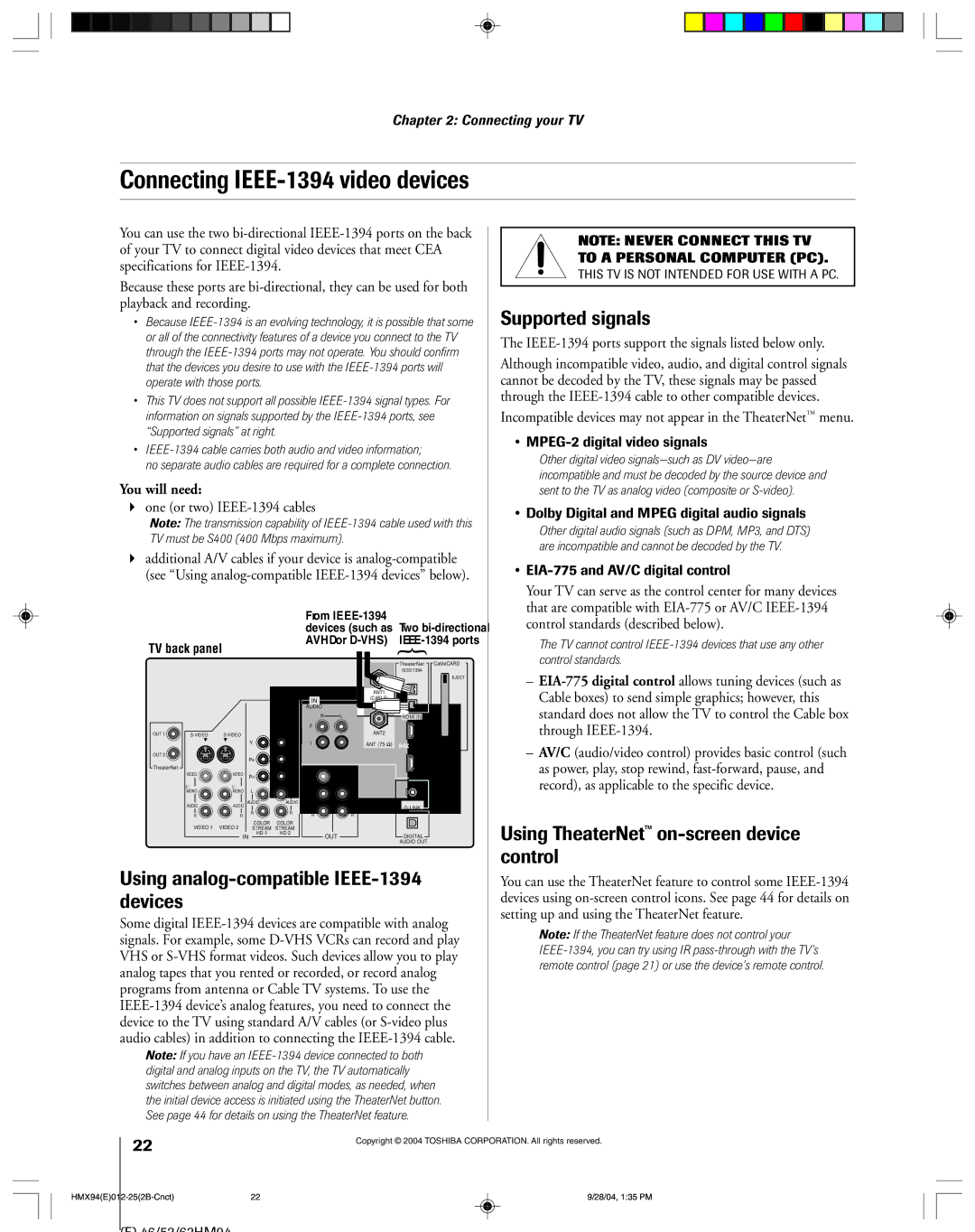 Toshiba 52HMX94 Connecting IEEE-1394 video devices, Using analog-compatible IEEE-1394 devices, Supported signals 