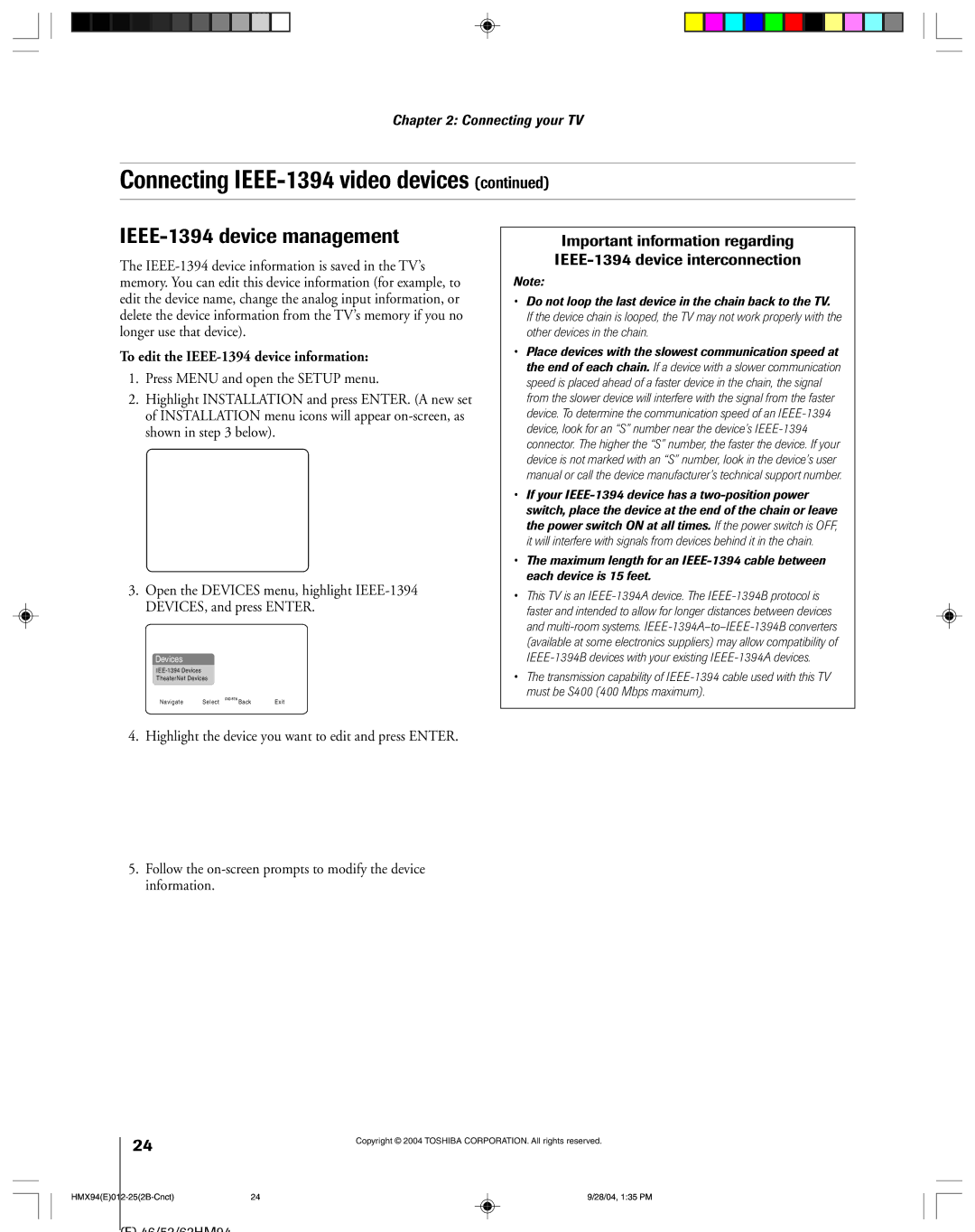 Toshiba 52HMX94 owner manual IEEE-1394 device management, To edit the IEEE-1394 device information 