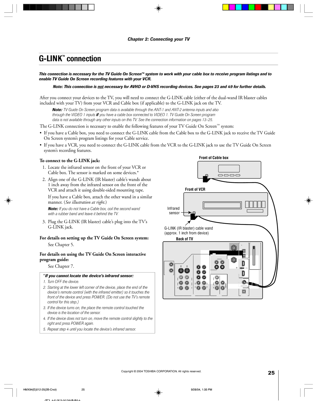 Toshiba 52HMX94 LINKconnection, To connect to the G-LINK jack, For details on setting up the TV Guide On Screen system 