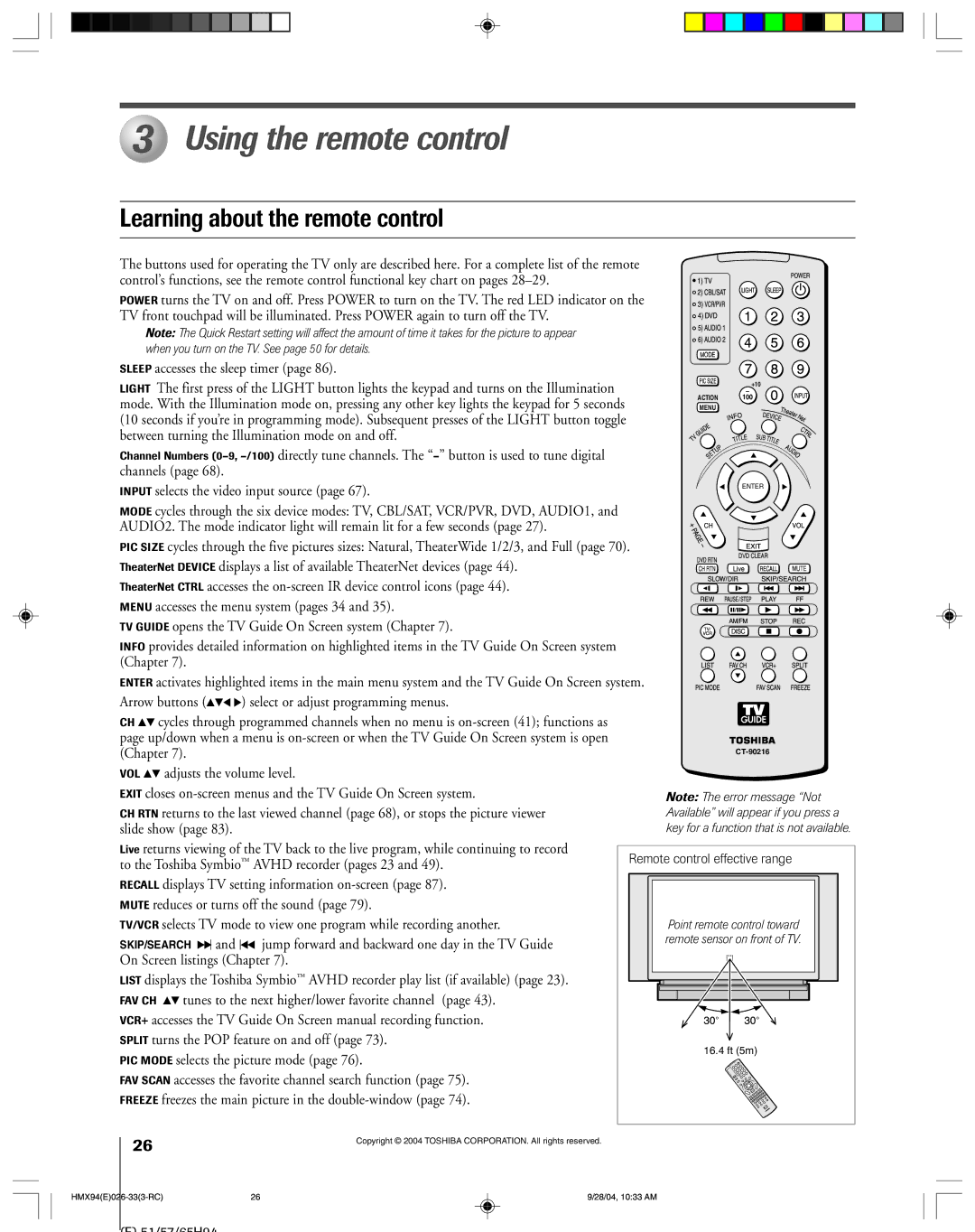 Toshiba 52HMX94 Using the remote control, Learning about the remote control, Sleep accesses the sleep timer, 51/57/65H94 