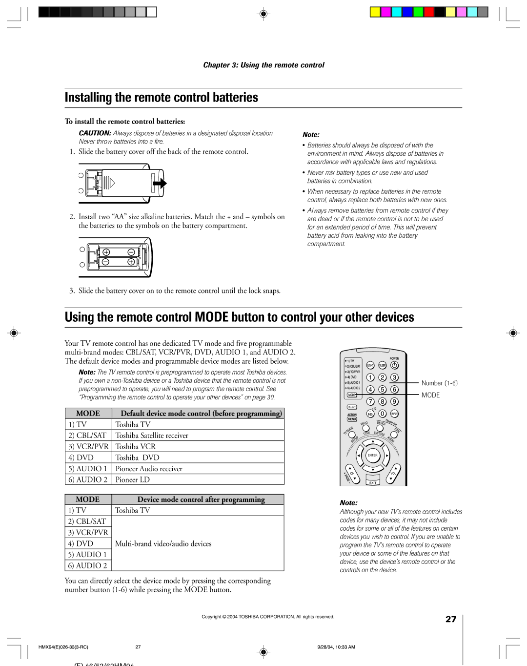 Toshiba 52HMX94 owner manual Installing the remote control batteries, To install the remote control batteries 