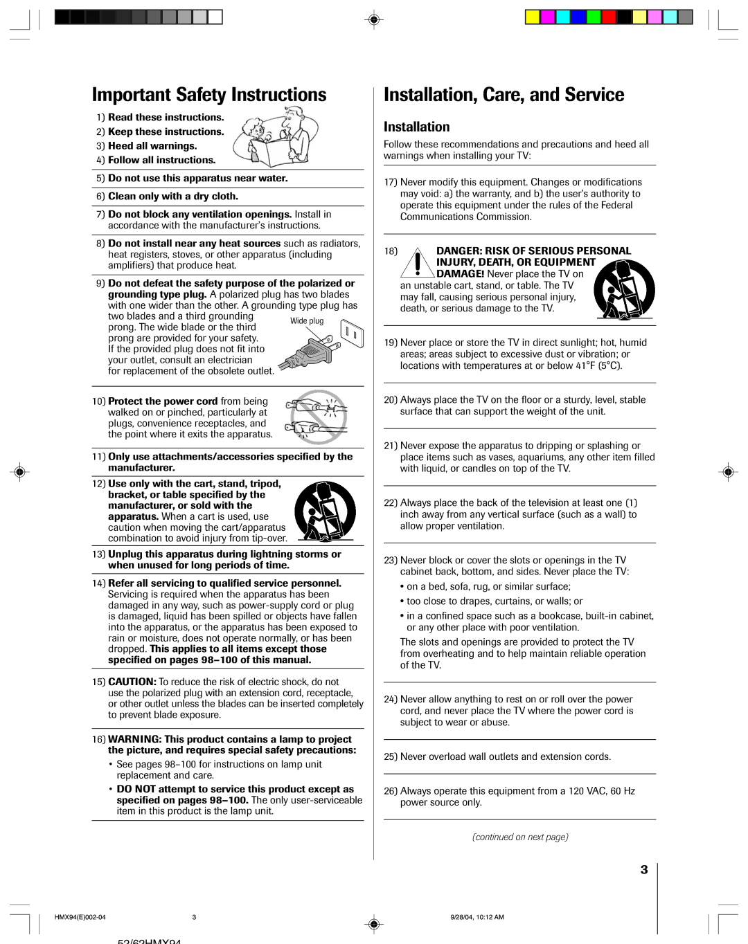 Toshiba 52HMX94 Important Safety Instructions, Installation, Care, and Service, For replacement of the obsolete outlet 