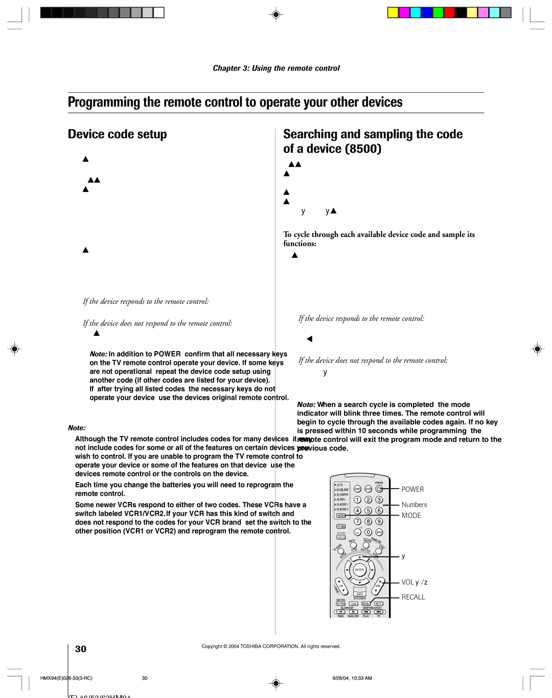 Toshiba 52HMX94 owner manual Device code setup, Searching and sampling the code of a device 