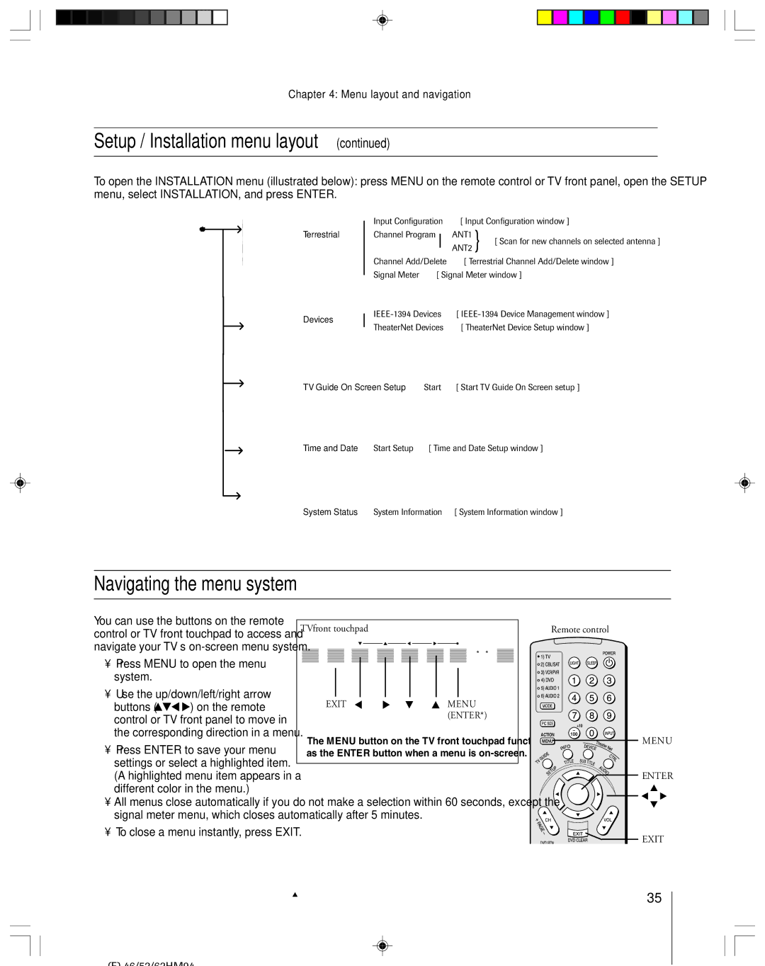 Toshiba 52HMX94 owner manual Setup / Installation menu layout, Navigating the menu system 