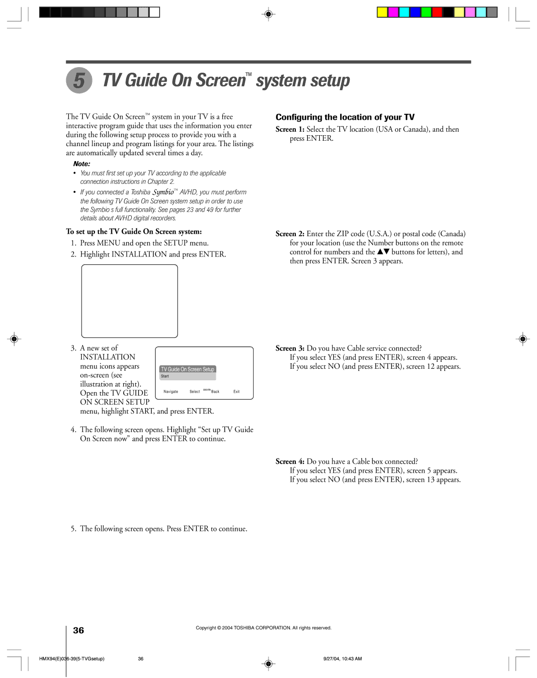 Toshiba 52HMX94 owner manual TV Guide On Screen system setup, Configuring the location of your TV 