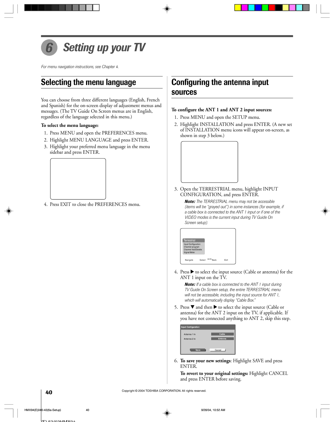 Toshiba 52HMX94 owner manual Setting up your TV, Selecting the menu language, Configuring the antenna input sources 