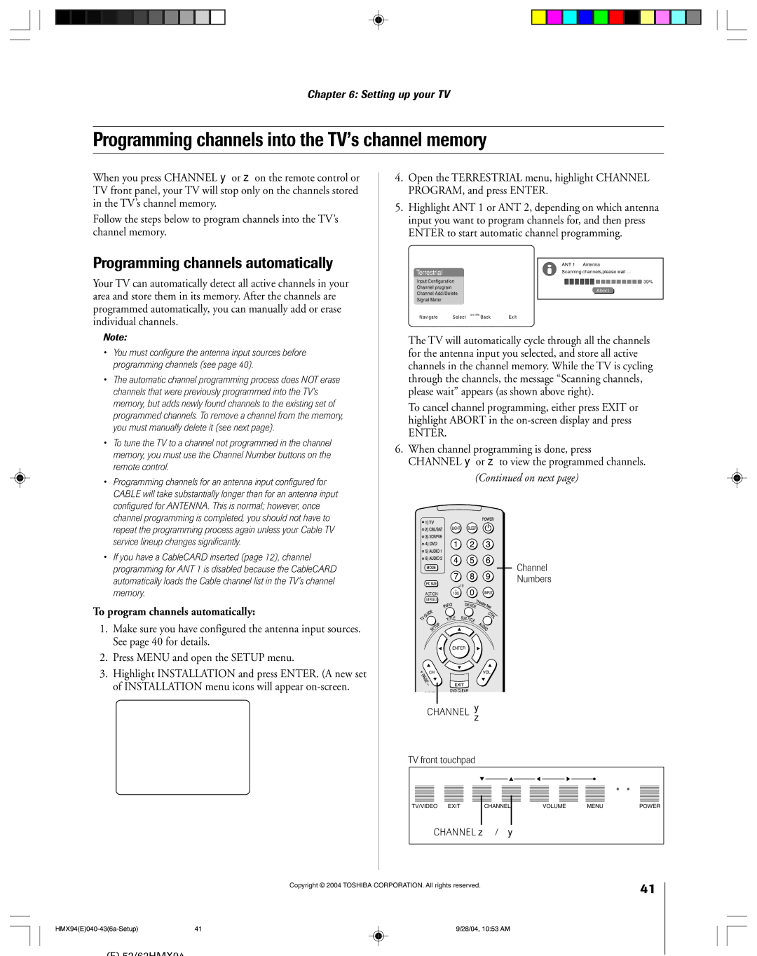 Toshiba 52HMX94 owner manual Programming channels into the TV’s channel memory, Programming channels automatically 