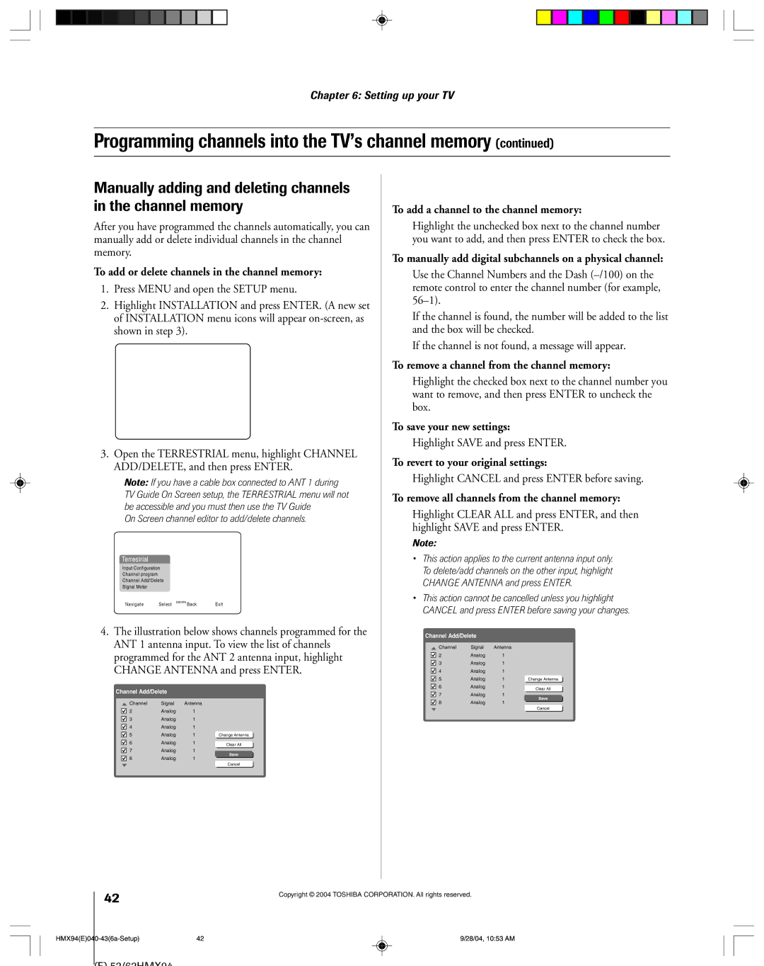 Toshiba 52HMX94 owner manual Manually adding and deleting channels in the channel memory 