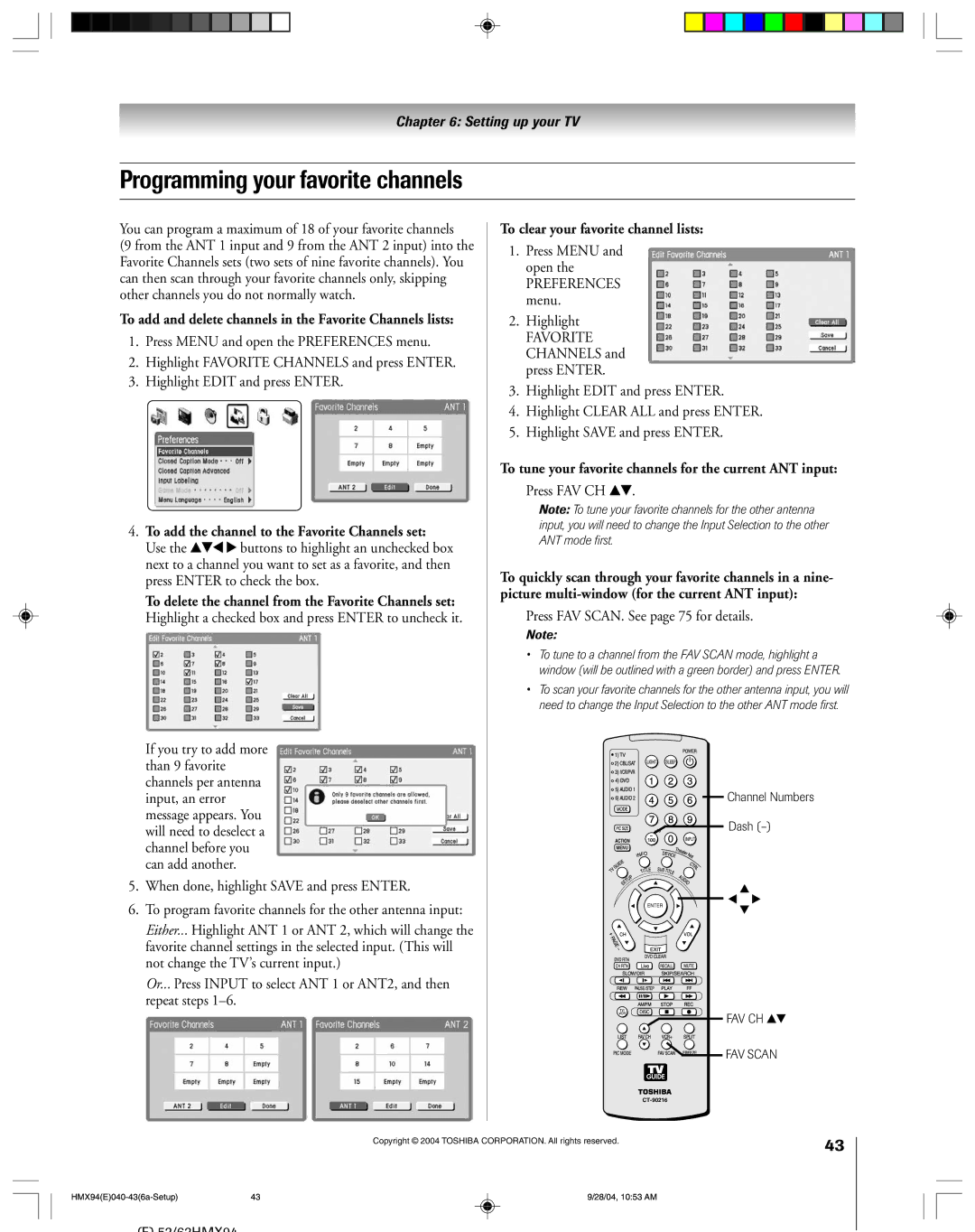 Toshiba 52HMX94 owner manual Programming your favorite channels, To add and delete channels in the Favorite Channels lists 