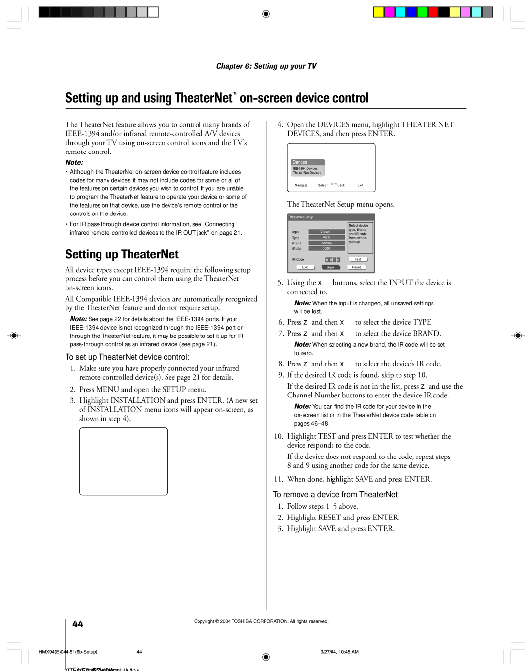 Toshiba 52HMX94 owner manual Setting up and using TheaterNet on-screen device control, Setting up TheaterNet 