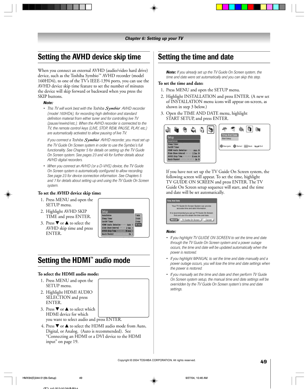 Toshiba 52HMX94 owner manual Setting the Hdmi audio mode, Setting the time and date, To set the Avhd device skip time 