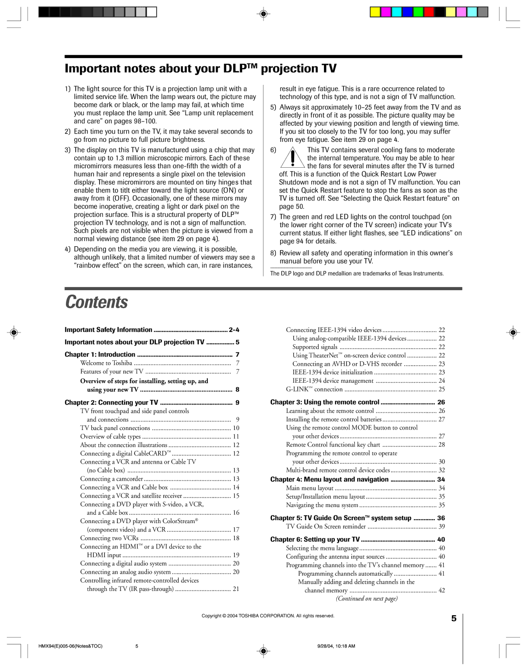 Toshiba 52HMX94 owner manual Contents 