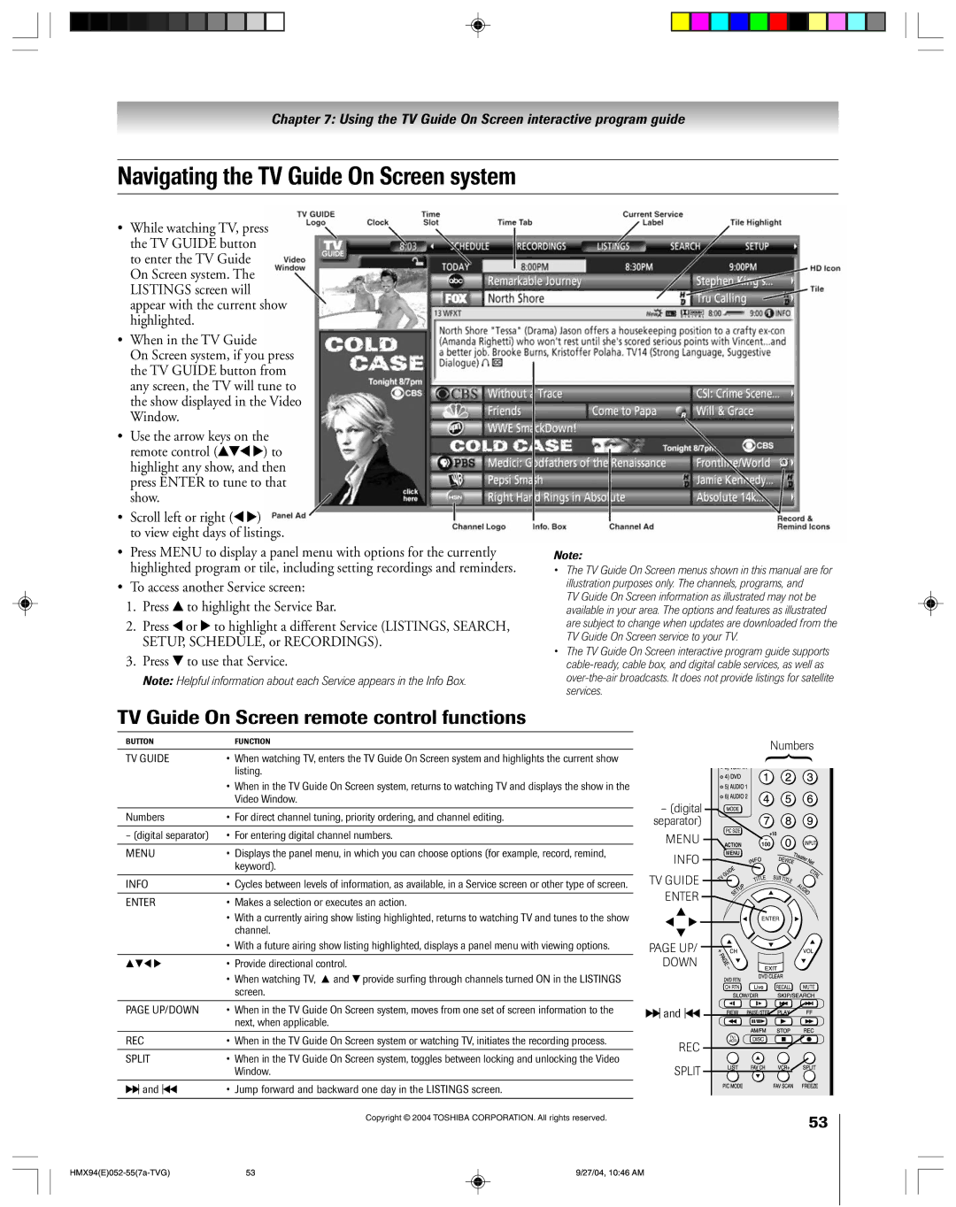 Toshiba 52HMX94 owner manual Navigating the TV Guide On Screen system, TV Guide On Screen remote control functions 