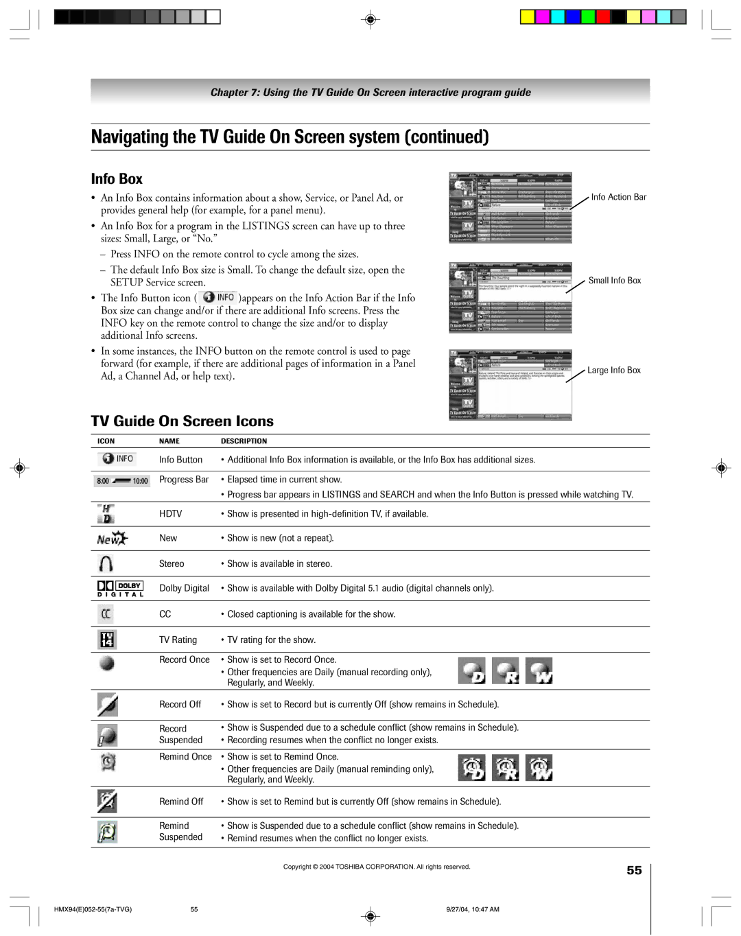 Toshiba 52HMX94 owner manual Info Box, TV Guide On Screen Icons, ¥ Show is presented in high-definition TV, if available 