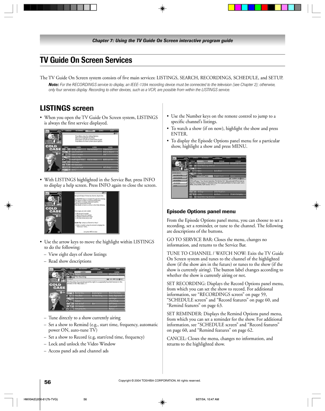 Toshiba 52HMX94 owner manual TV Guide On Screen Services, Listings screen, Episode Options panel menu 