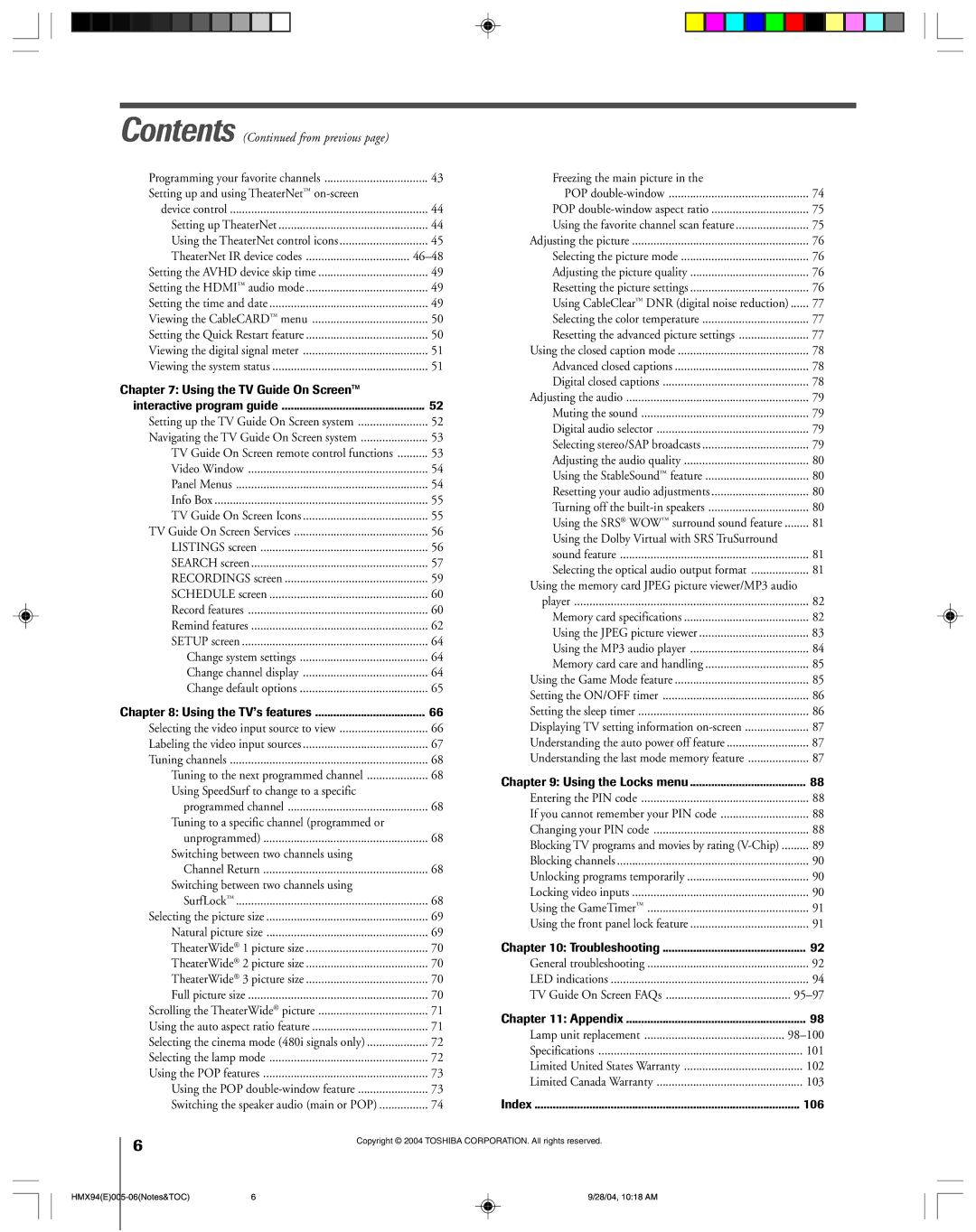 Toshiba 52HMX94 owner manual Using the TV Guide On Screen, 106 