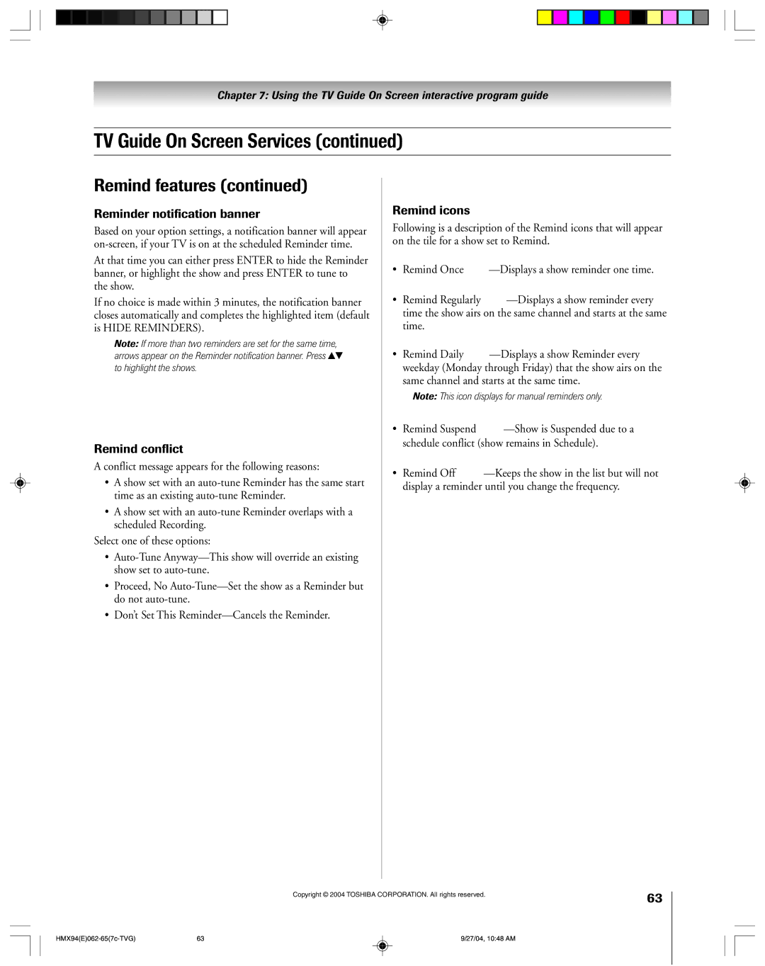 Toshiba 52HMX94 owner manual Reminder notification banner, Remind conflict, Remind icons 