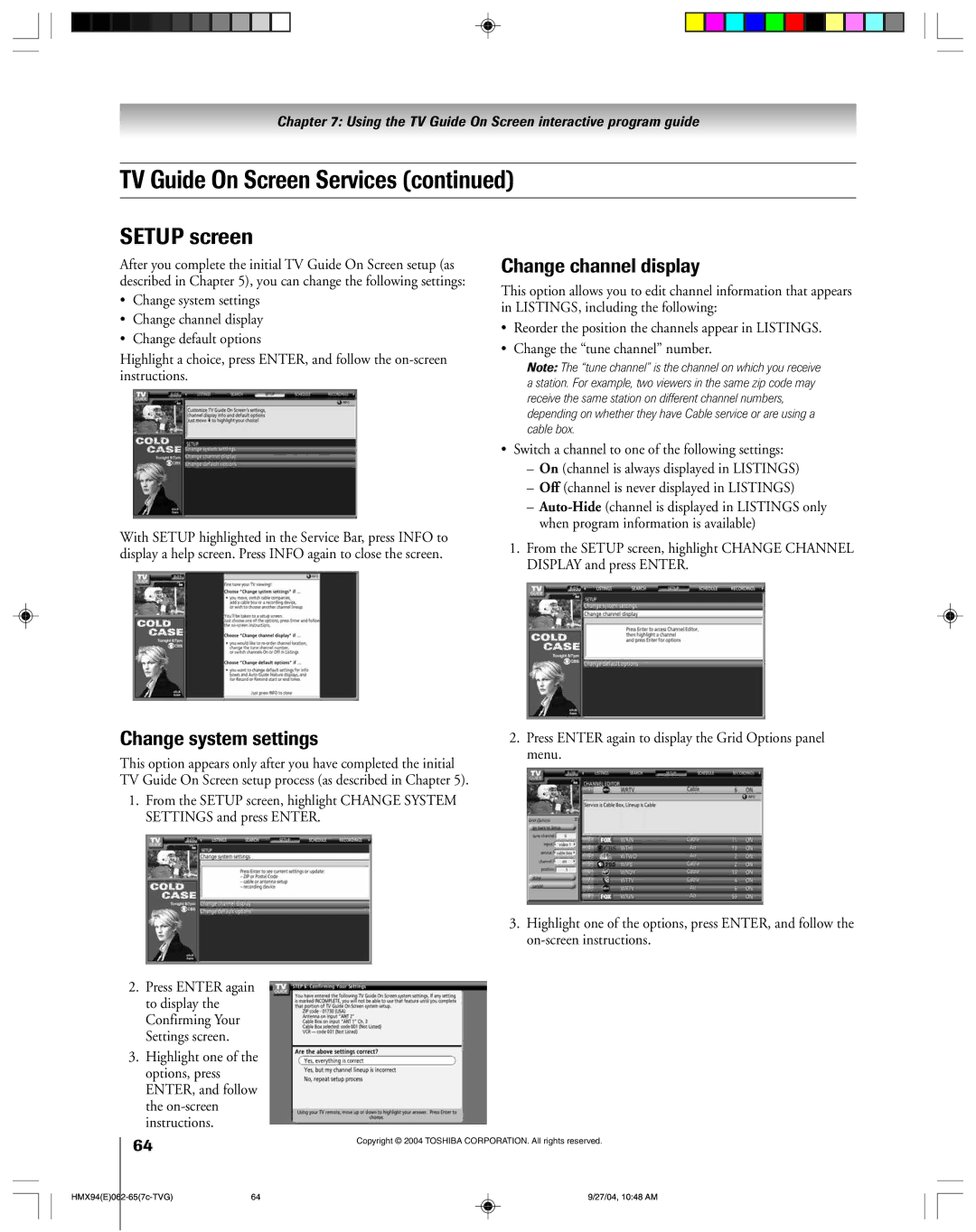 Toshiba 52HMX94 owner manual Setup screen, Change channel display, Change system settings 